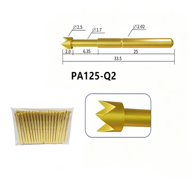 100PCS Gold-plated Spring Test Probe PA125-Q2 Four Claw Plum Blossom Head 2.02MM Outer Diameter 33.35mm Length PCB Pogo Pin