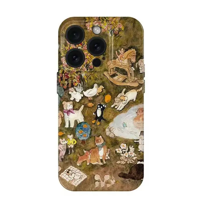 Korean Cartoon Animal Green Grass Park Phone Case For IPhone 16 15 14 13 12 11 Pro Max 7 8 Plus XS Creative hard back Cover