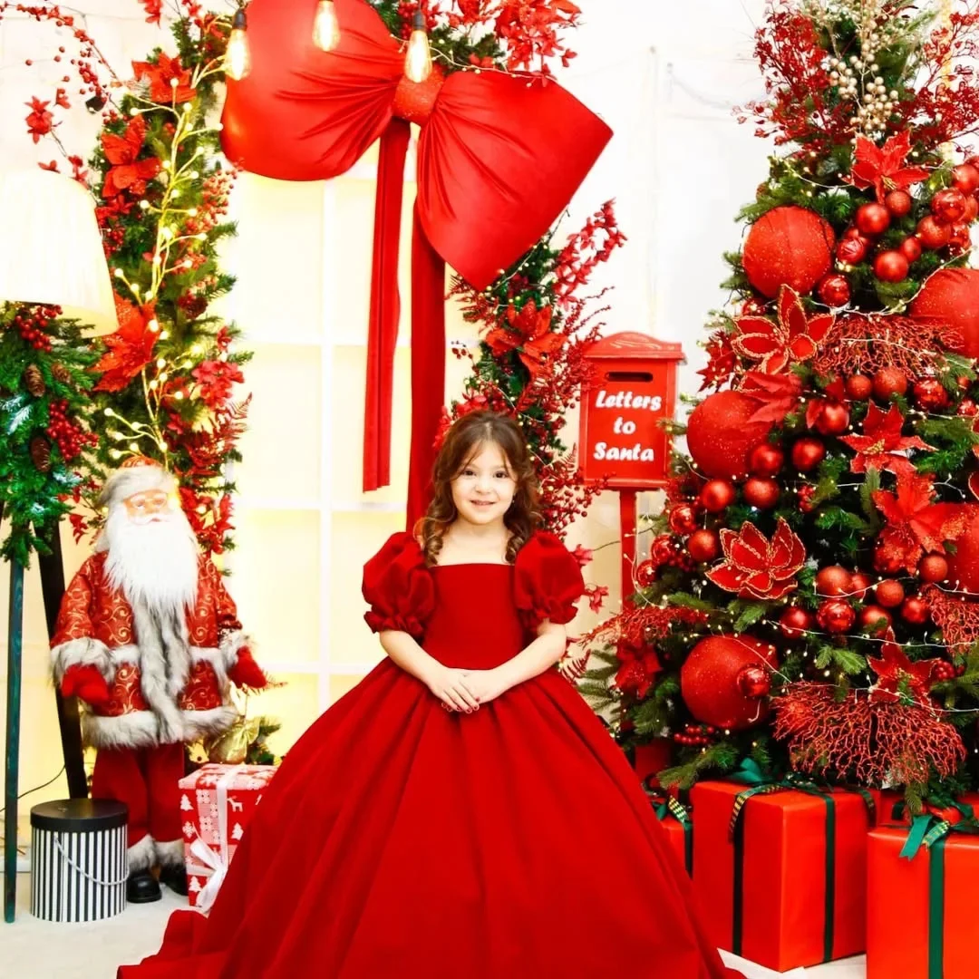 Красное платье с цветочным узором для девочек по индивидуальному заказу, атласное платье с бантом длиной до пола, элегантное платье принцессы для дня рождения, фестиваля, выпускного вечера