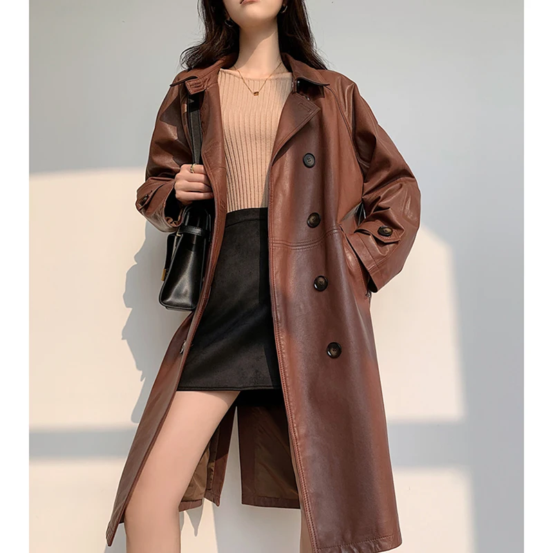 Trench-Coat Long en peau de mouton pour femme, veste en cuir à Double boutonnage, ample, Texture cireuse, Style britannique, automne hiver