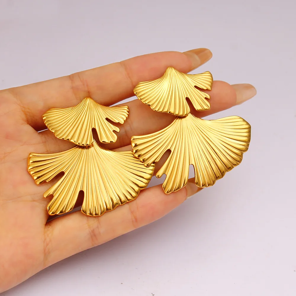 DIY accessories Sweet exaggerated laminated leaf earrings bohemian fan leaf earrings women's stainless steel 18K gold fashion ea