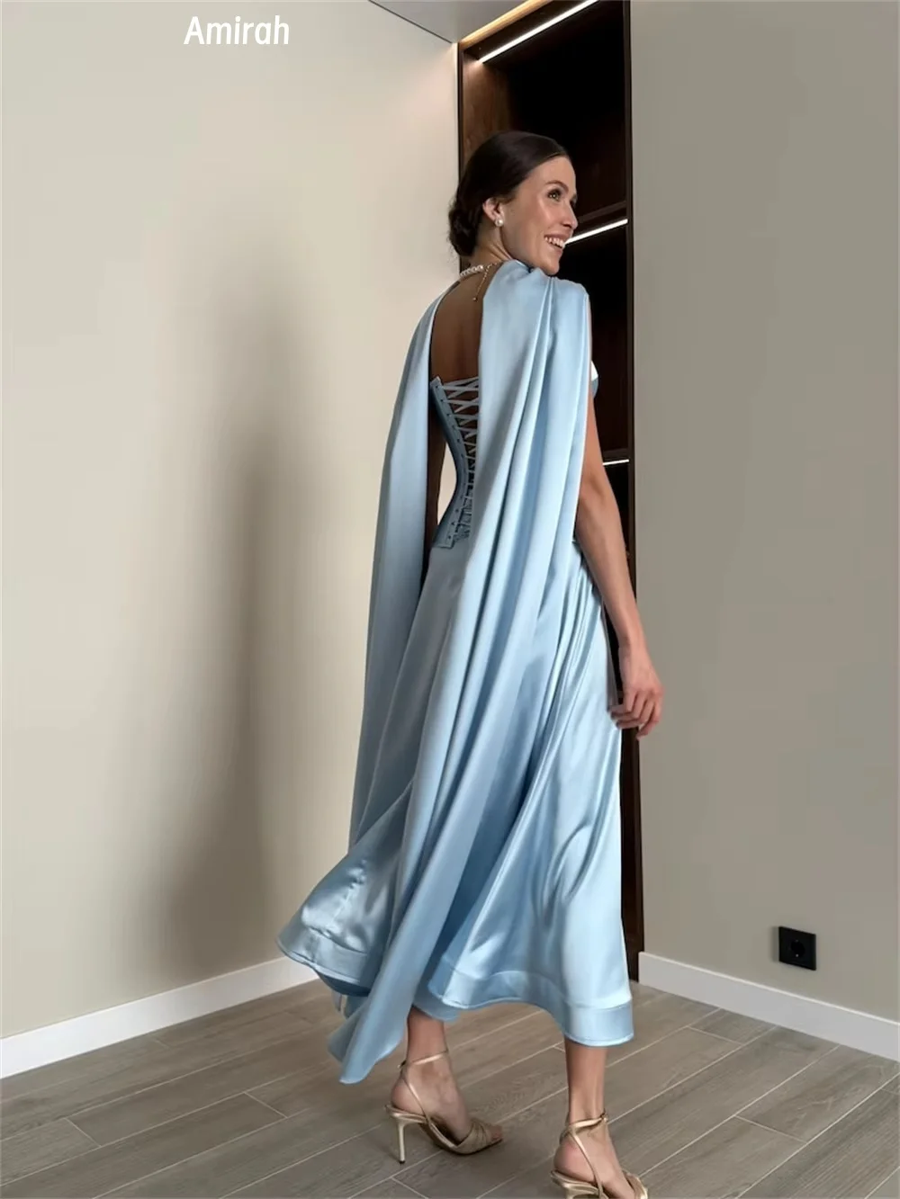 Amirah فستان زفاف من الساتان اللامع خط فساتين سهرة نسائية فاخرة فساتين حفلات أنيقة للسيدات 2025 فستان حفلة مصنوع حسب الطلب
