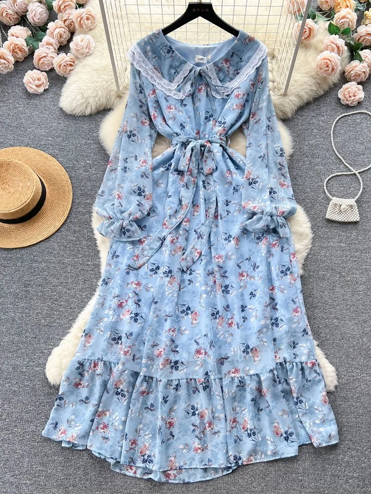 

New Summer Elegant Dress Women Sweet Flower Print Dress Female Slim Chiffon Dress Holiday Peter Pan Collar Lady Vestidos Mujer