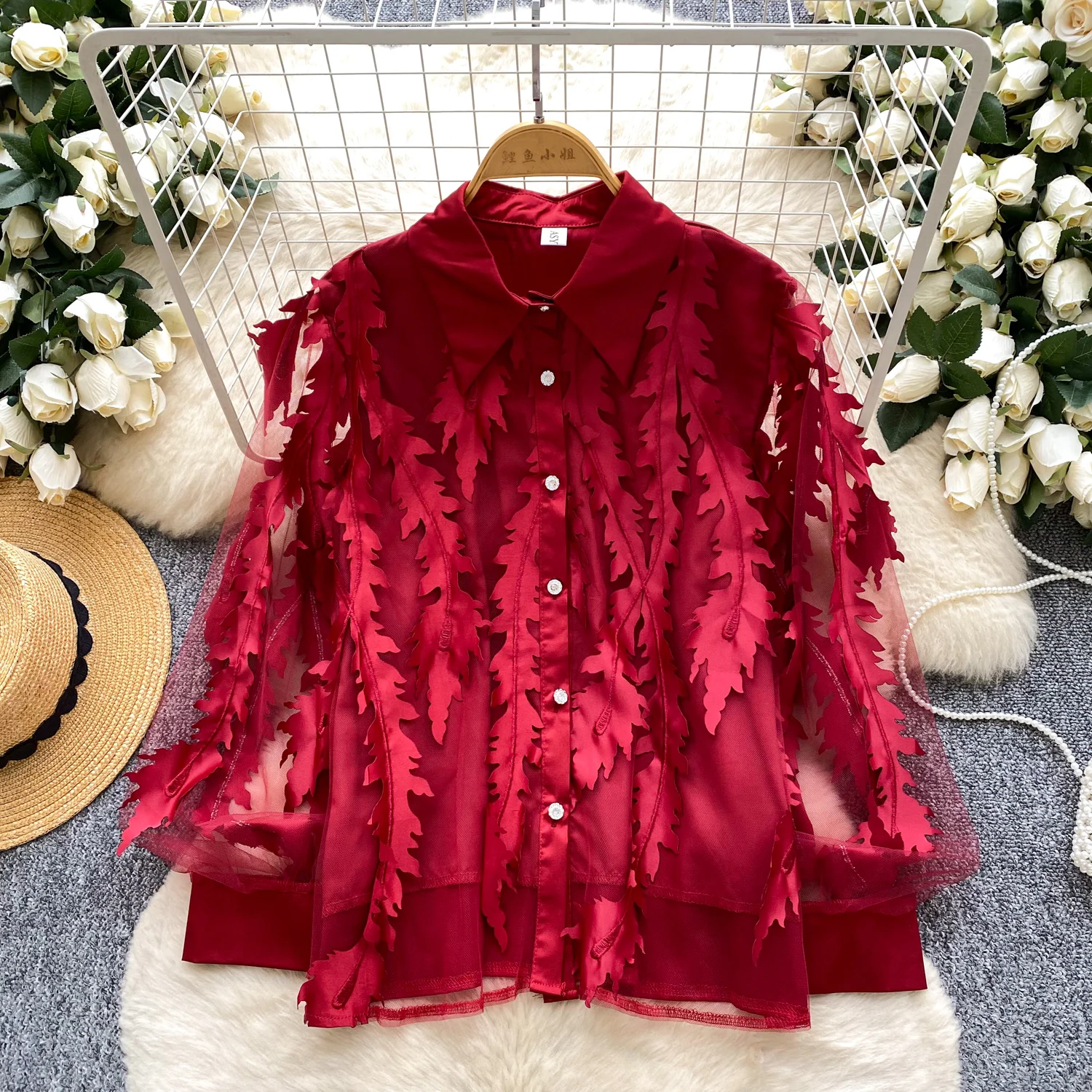 

Elegant Basics Three-dimensional button Long Sleeves Vintage Top Casual Office Lady Autumn Women Blouse
