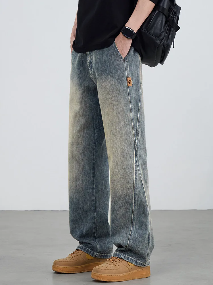 

Retro American Luxury Men's Jeans Loose Straight Casual Long Pants Spring Trendy Brand Bamboo Pattern Cotton Stretch Denim