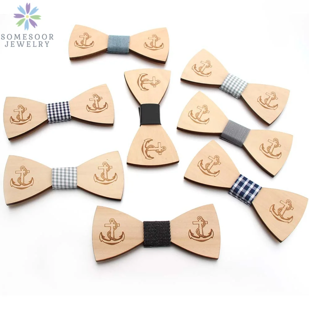 

SOMESOOR Unfinished Natural Wood Bowtie Anchor Pattern Engraved Floral Butterflies Bowknots Men Gifts Classic Wedding Accessory