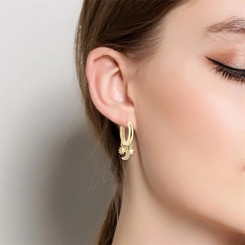 Hot Sales 925 Sterling Silver Gold Star Moon Hoop Earrings For Women Fine Birthday Anniversary Jewelry Gifts