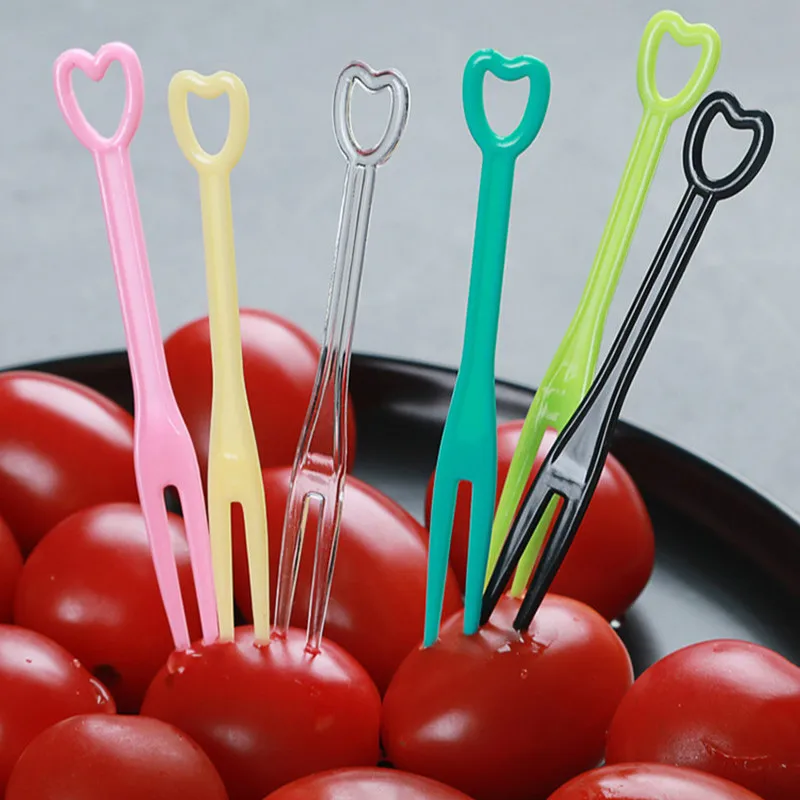 100 Stuks Fruit Vork Kinderen Snack Cake Dessert Fruit Pick Mini Party Festival Liefde Servies Decoratie Plastic Tandenstoker