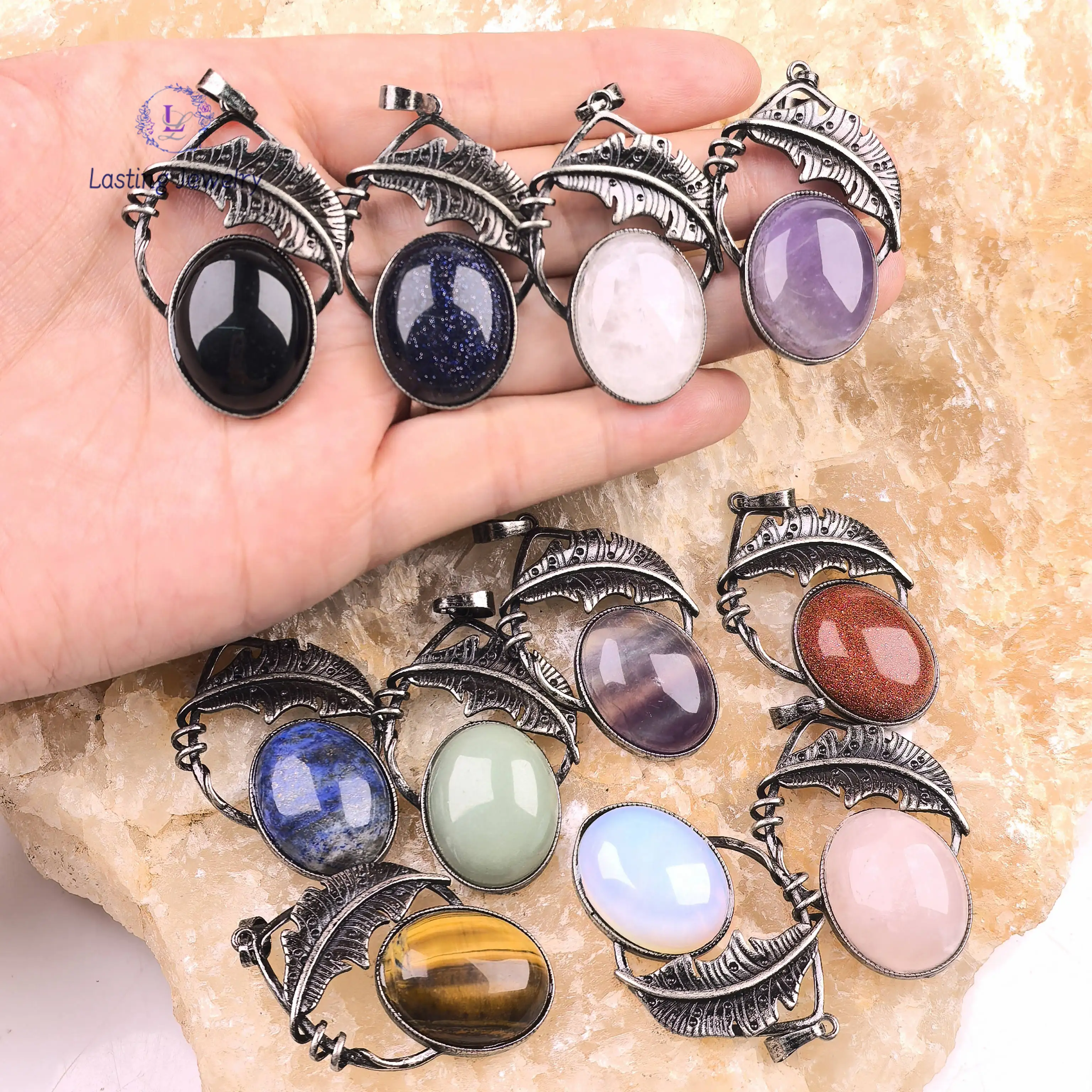 

Antique Silver Feather Oval Quartz Pendants,Healing Reiki Crystal Fluorite Amethyst Lapis Obsidian Opal Necklace Jewelry Making