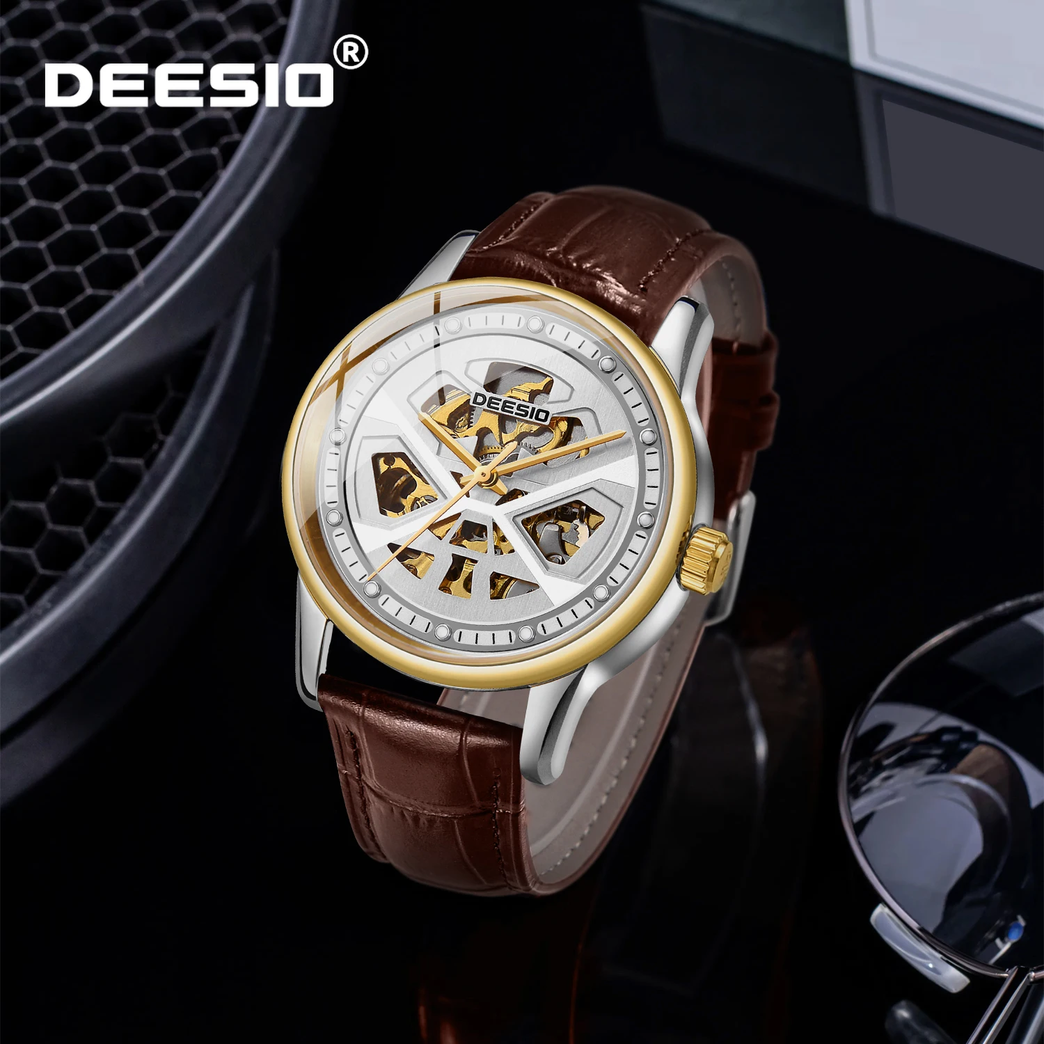 นาฬิกาข้อมือผู้ชาย Dessio ระบบอัตโนมัติ กลไกไขลานอัตโนมัติ ตัวเรือนสแตนเลสแบบโปร่ง สายหนังแท้ เรืองแสง สไตล์สปอร์ต หรูหรา