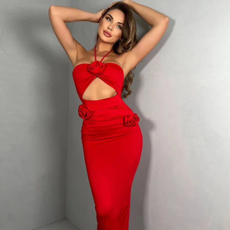 Fashion 3D Floral Backless Halter Cut Out Long Dress Women's Hollow out Solid Sexy Bodycon Dress Summer Club Party Clothing 2025