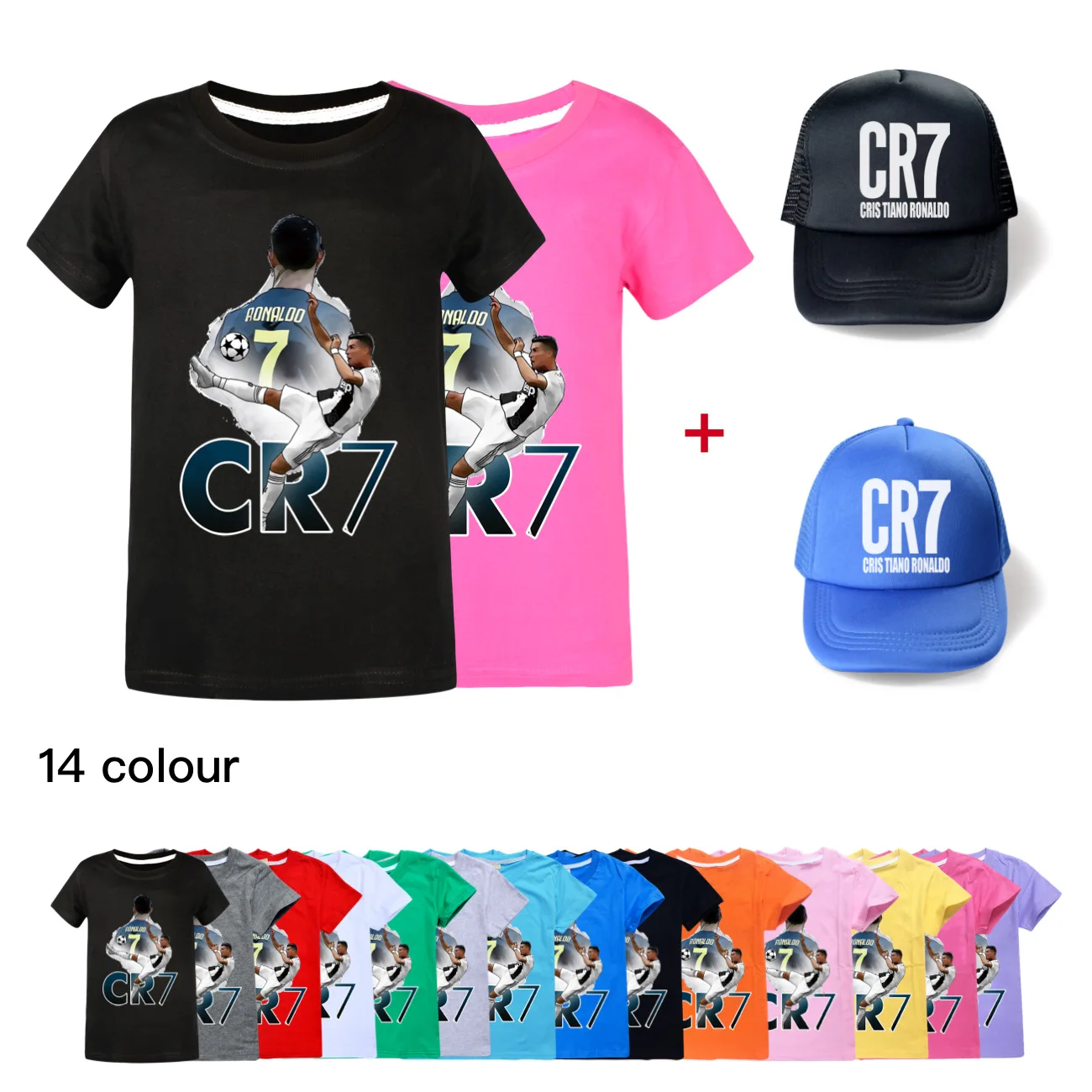 인기 축구 아이돌 CR7 티셔츠, 남아용 의류, 100% 코튼 티셔츠 + 썬햇 2 개 세트, 어린이 캐주얼 티 탑 스웨트 셔츠, 여름 신상