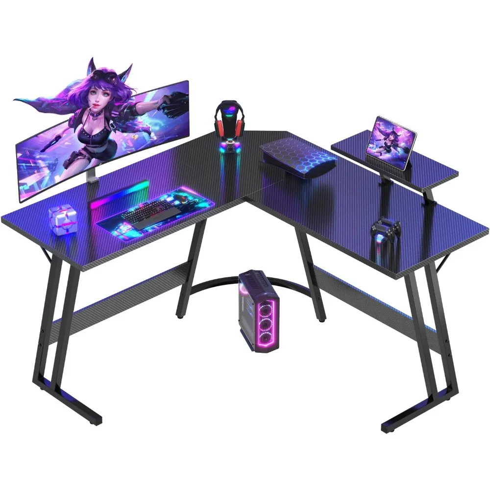 Bureau Gaming d'angle 120 x 120 cm avec Support d'écran, Table Informatique en Coin, Bureau Gamer en Forme de L Table pour Etudie