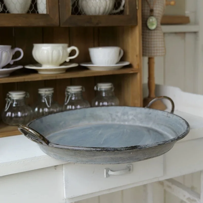 

Set of 3 Pieces Round Galvanized Metal Vintage Decorative Trays with Handles