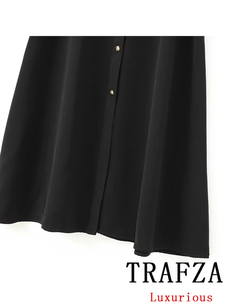 TRAFZA Vintage Chic Women Dress Black Solid Turn-down Collar Single Breasted Belt Vestidos New Fashion 2024 Autumn Chic Dress