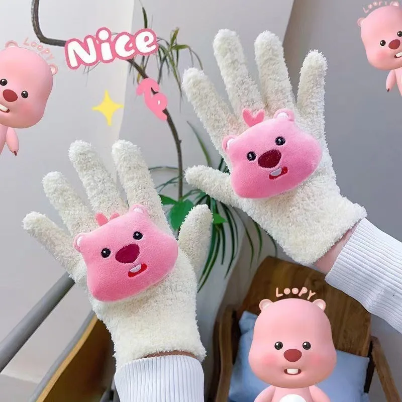 1pair Sanrio Hello Kitty Gloves Kawaii Loopy Touch Phone Screen Coral Velvet Warm Gloves Outdoor Riding Plush Cute Couple Gloves