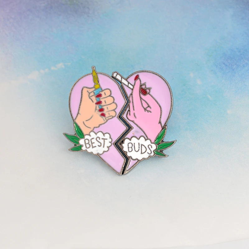 

2pcs/set brooch pins set 2 pieces broken hearts BEST BUDS Lighter cigarette leaf pin Best friends matching jewelry
