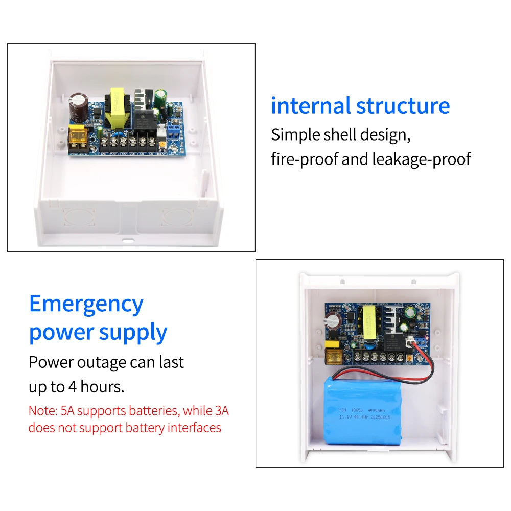 DC 12V 2A/3A/5A Power Supply W/ Backup Battery Interface RFID Card Access Control System Power Supply AC 100~240V White Shell
