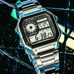 Nieuwe luxe roestvrijstalen bandhorloge waterdicht retro digitale sport militaire horloges heren dames elektronische polshorloge klok