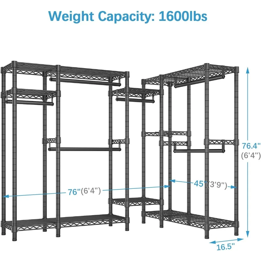 "رف ملابس على شكل حرف L شديد التحمل مع 8 أرفف قابلة للتعديل و6 قضبان تعليق"