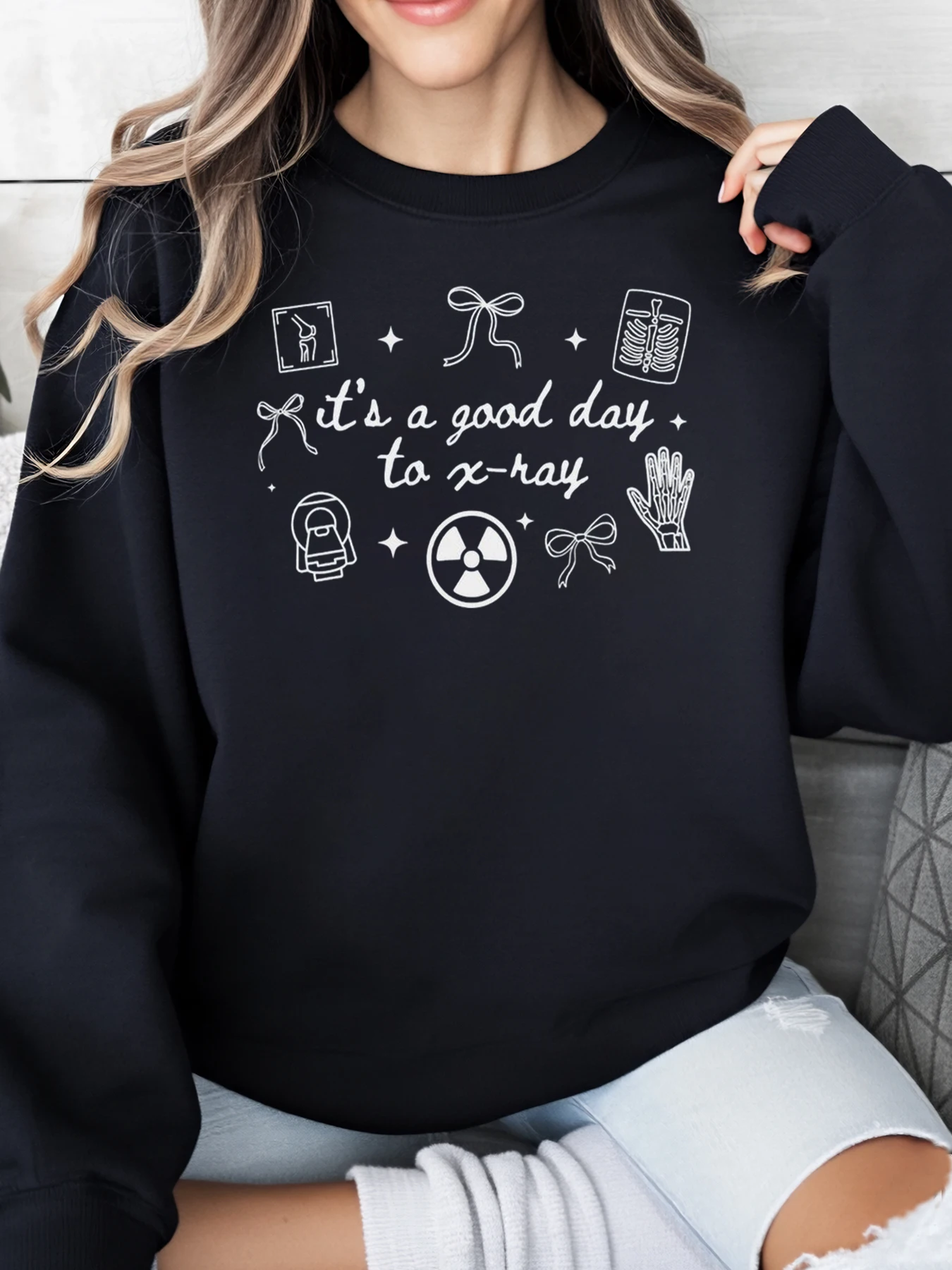 X 線テーマ グラフィック プリント スウェットシャツ ハロウィン 医療 楽しい クルーネック 女性 カジュアルウェア プラスサイズ
