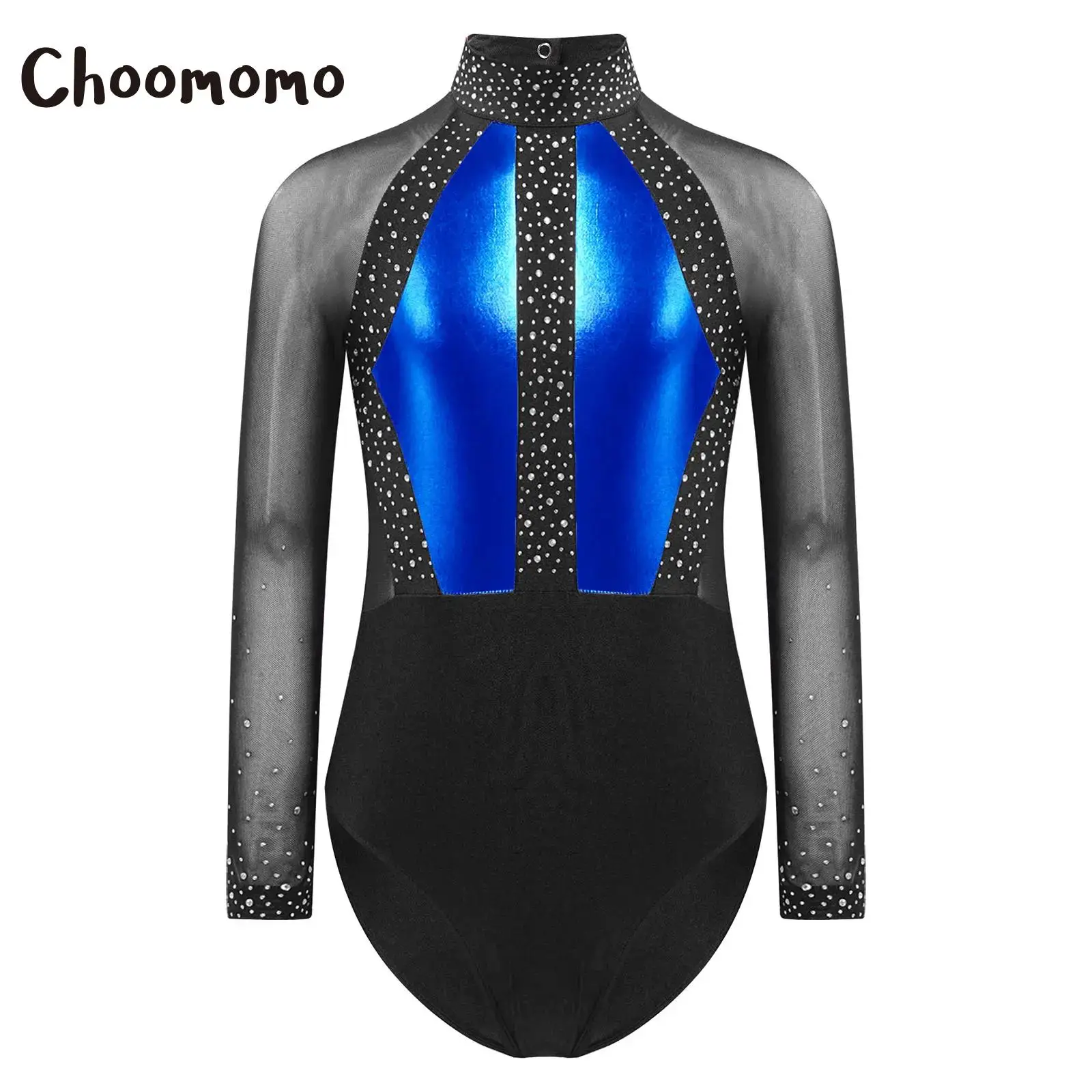 

Kids Girls Shiny Rhinestone Color Block Long Sleeve Gymnastics Leotards One Piece Ballet Dance Figure Skating Bodysuit Dancewear