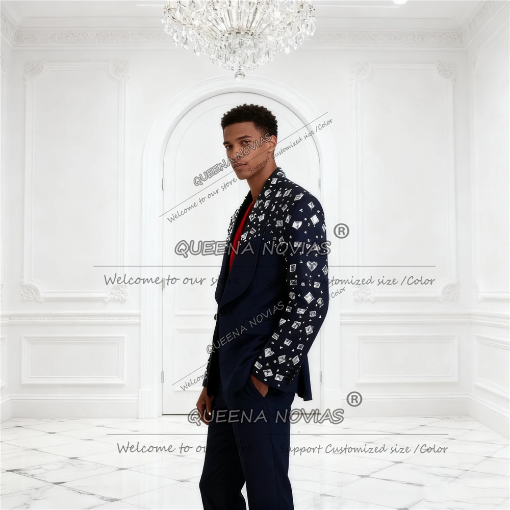 Luxuriöser Anzug mit Perlensteinen für Herren, 2-teiliges Set, Schal, Etikett, Abschlussball, Blazer, individuelles Kostüm, Homme, Bräutigam, Hochzeit, Smoking