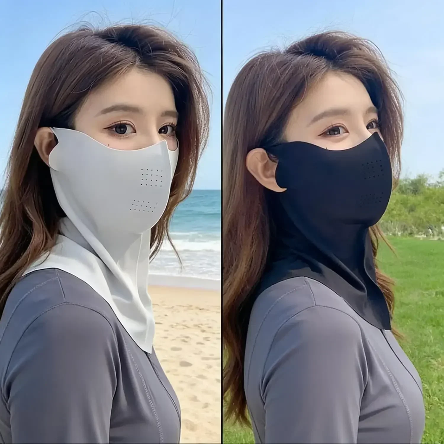 

Women's UV Protective Face & Neck Cover, Breathable Sun Mask with Perforated Design for Outdoor Use (Black + Light Grey)