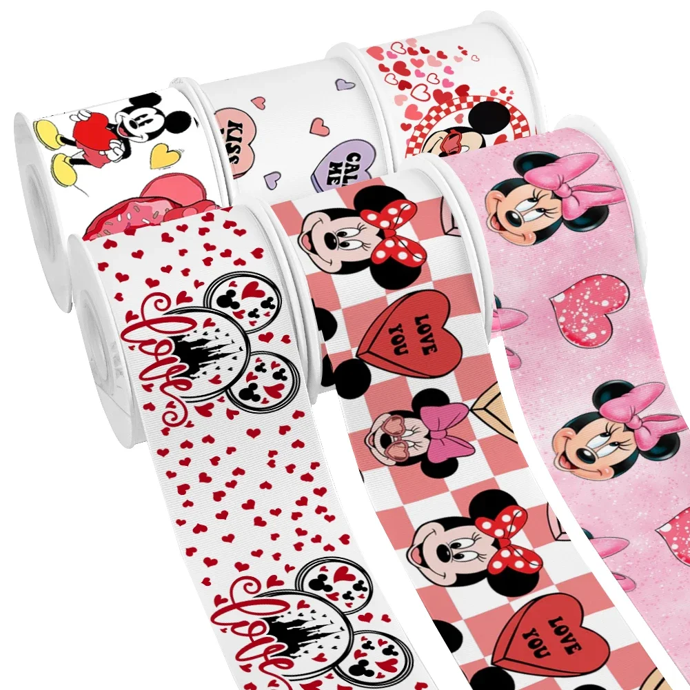 

50 Yards Cartoon Mickey Minnie Mouse Design Printed Grosgrain Satin Ribbon for Gift Wrapping Hair Bow Valentine's Day