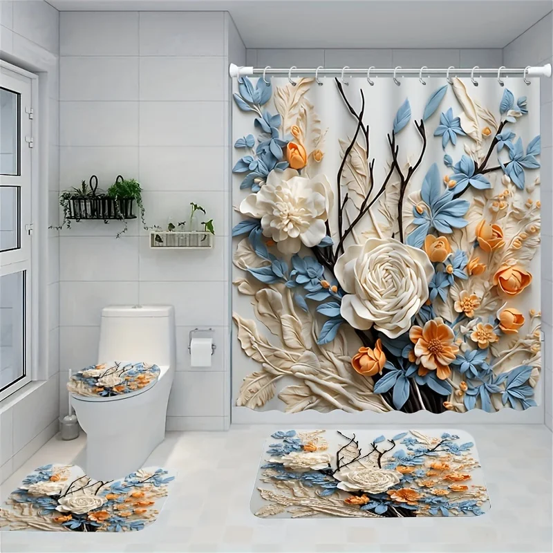 Floral Harmony Bathroom Four-Piece Set - Elegant Waterproof Shower Curtain for a Complete Bathroom Set