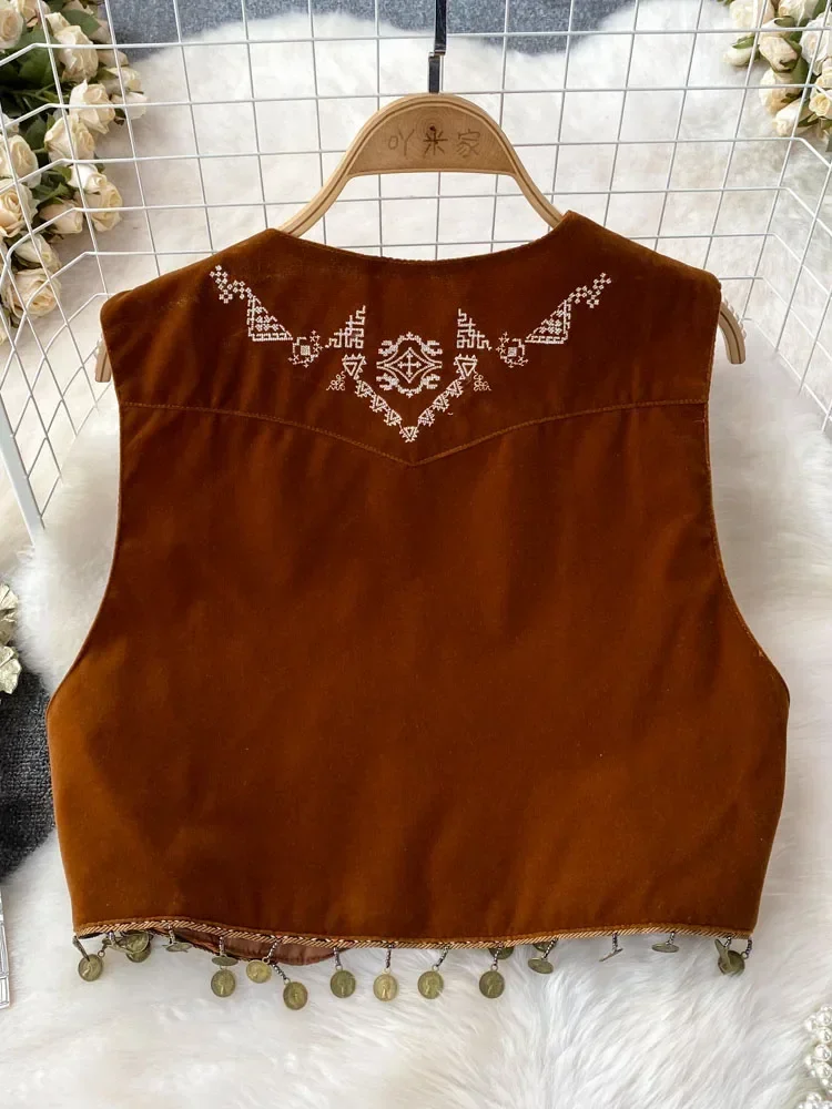 Dames Lente Herfst Vesten Vintage Stijl Vest V-Hals Bohemian Aan Zee Vakantie Geborduurde Kwast Veelzijdig Vest Jas D4993