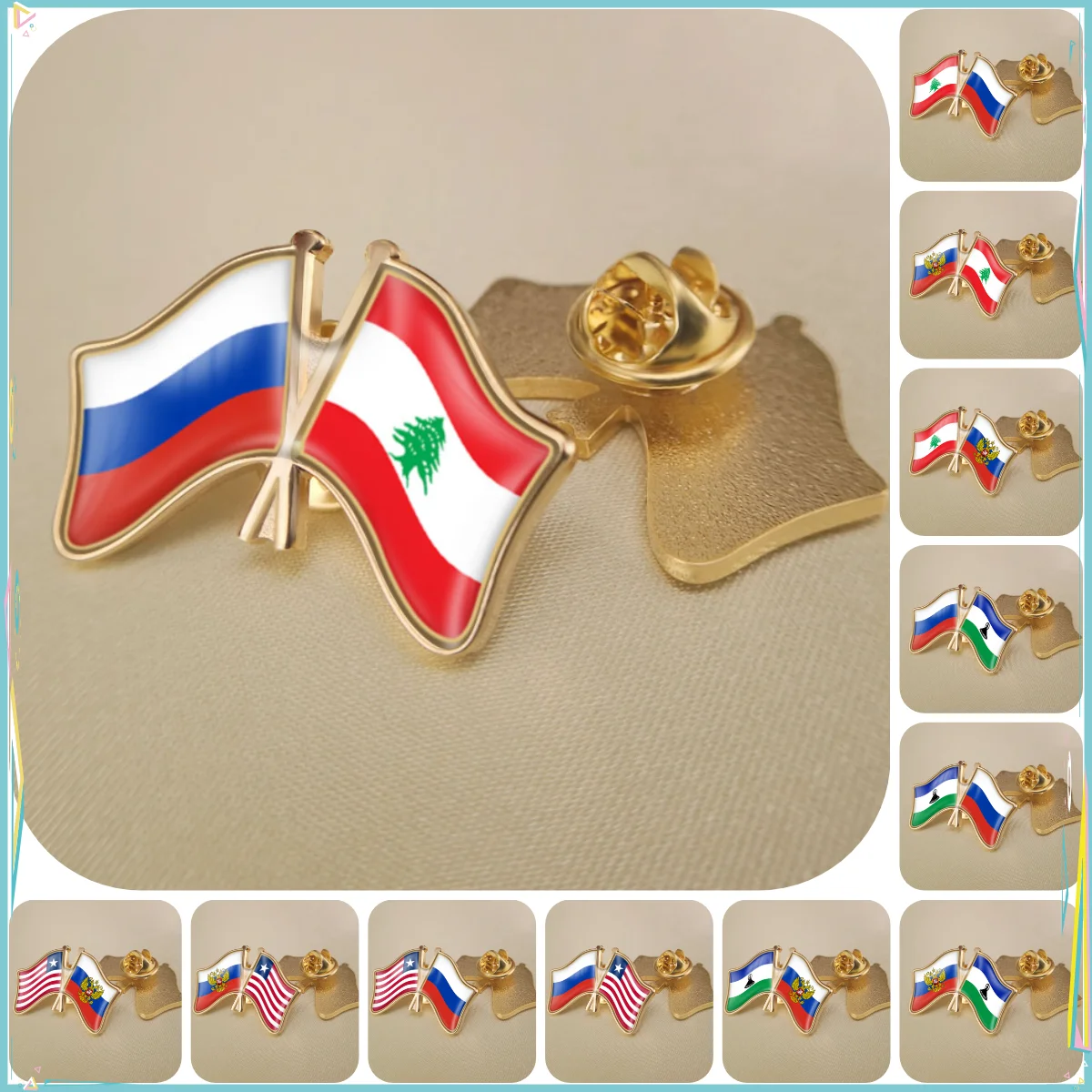 Russian Federation and Lebanon Lesotho Liberia Double Crossed Friendship Flags Brooches Lapel Pins Badges