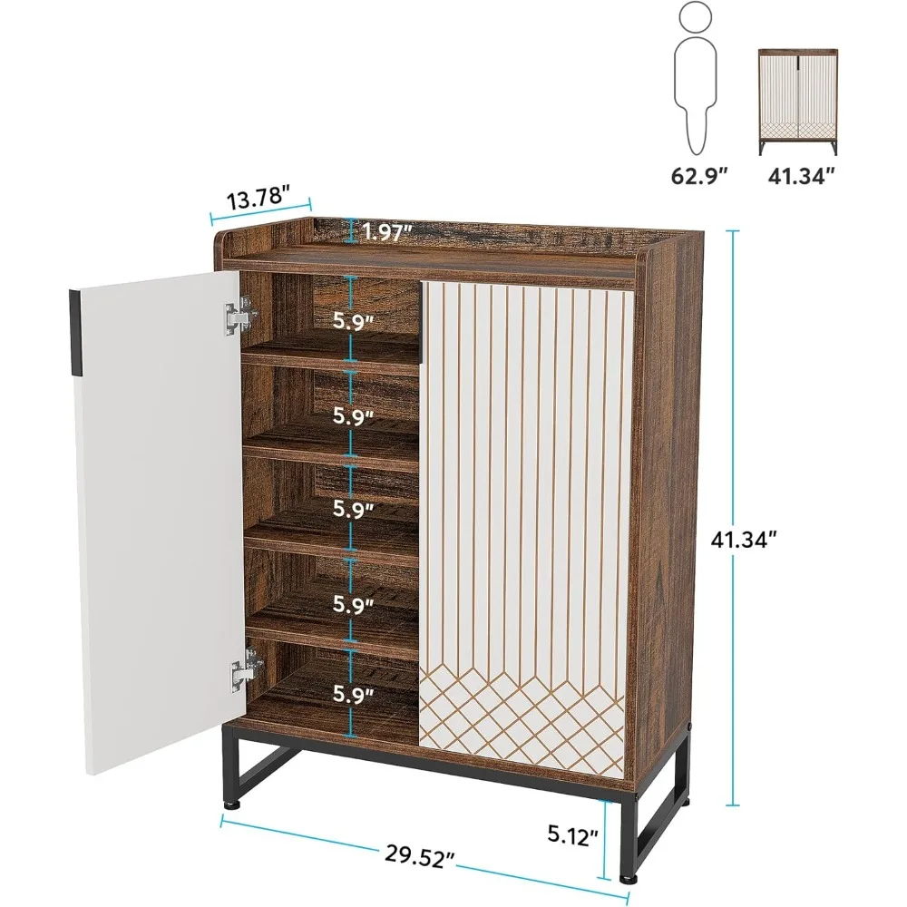 25 Double Shoe Cabinet with Doors, Wooden 5-Tier Shoe Cabinet, Freestanding Brown Shoe Cabinet with Black Metal Frame