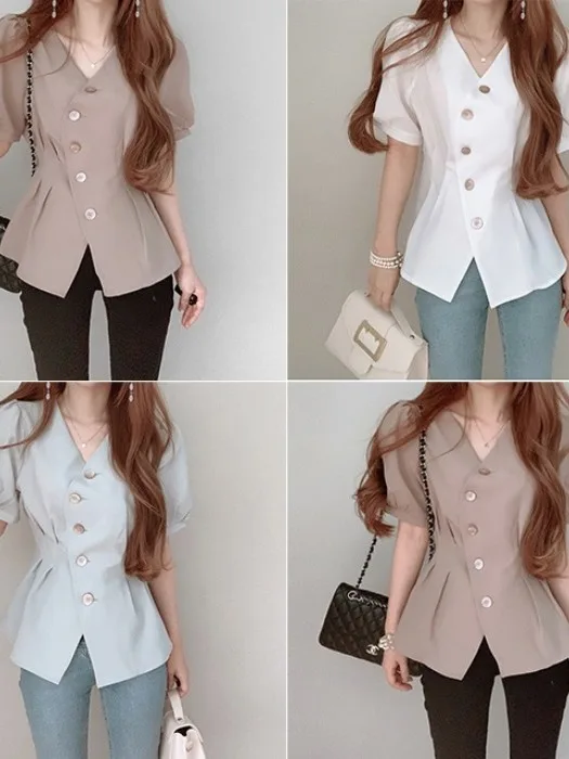 Csa de Manga Abullonada con Botón Único, Diseño Irregular y Cuello en V, Ajustada, para Mujer, Estilo Único y Moderno para...