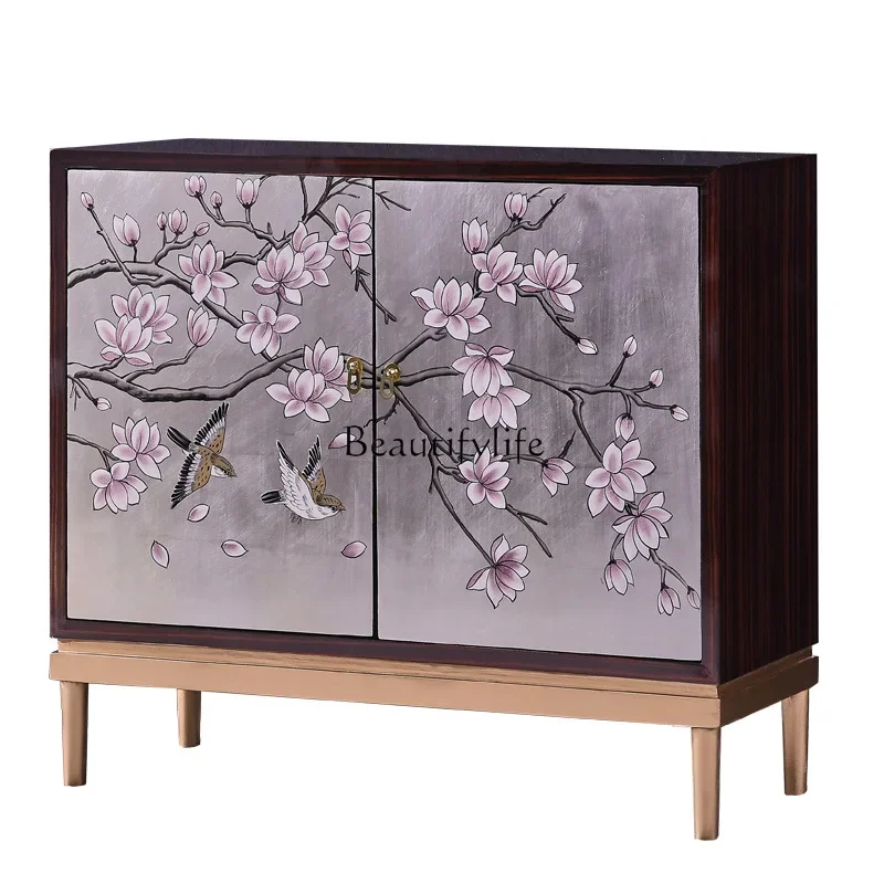 New Chinese-style entrance cabinet piano paint hand-painted partition light luxury ebony silver foil foyer cabinet