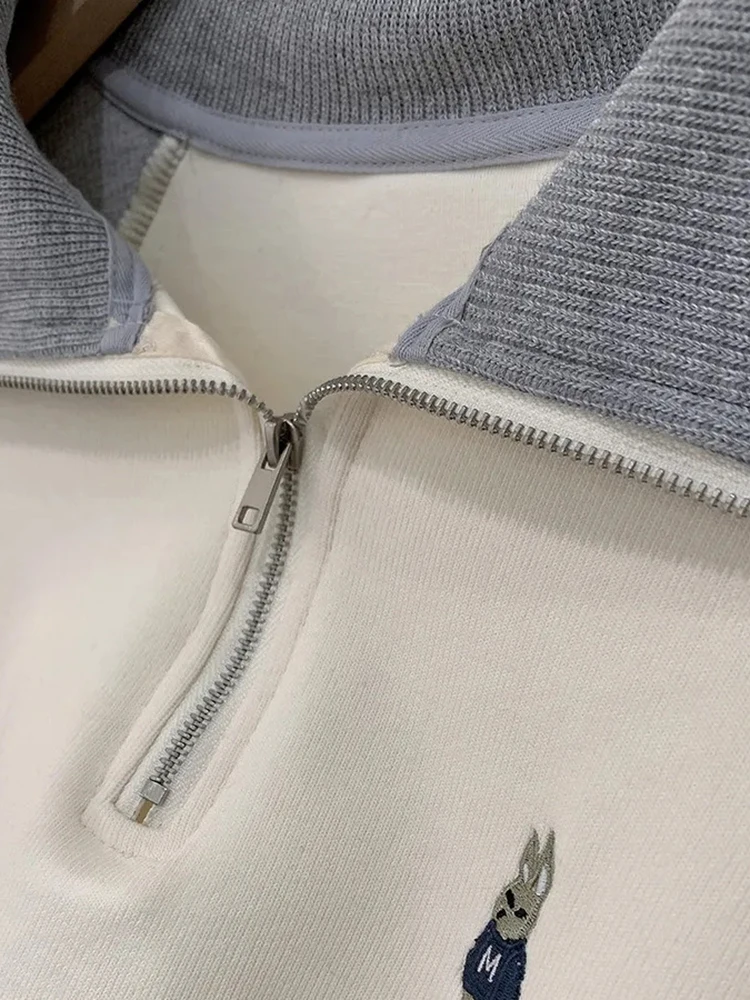 Neue Frauen Halb Zipper Kontrast Kragen mit Fleece Hoodie Herbst Winter Koreanische Casual Stickerei Pullover frauen Lose Top
