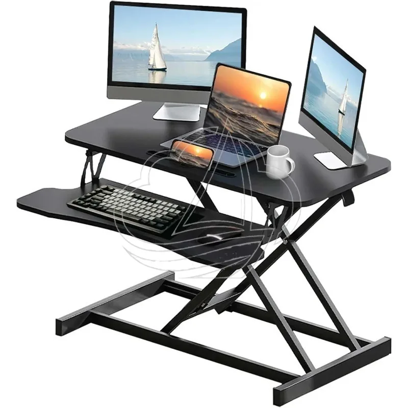 32 Inch Height Adjustable Sit to Stand Desk Riser Dual Monitor Workstation with Keyboard Tray