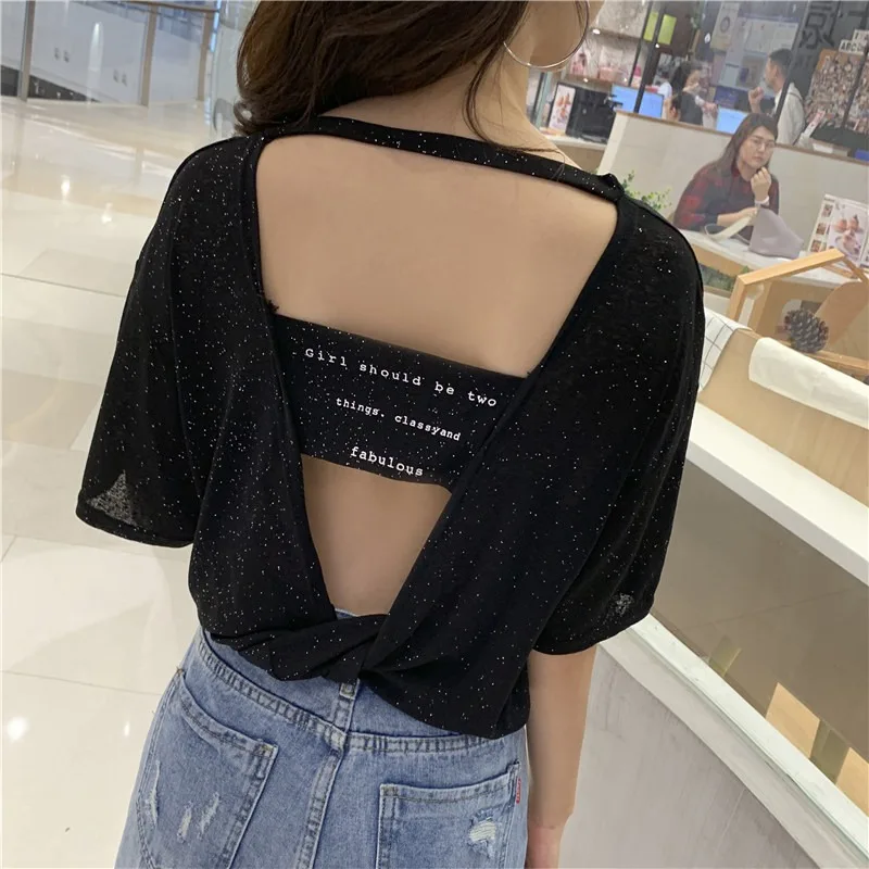 Women\'s T-Shirt Casual Shiny Round Neck Letter Print Short Sleeve Loose Pullover Simple Backless Top