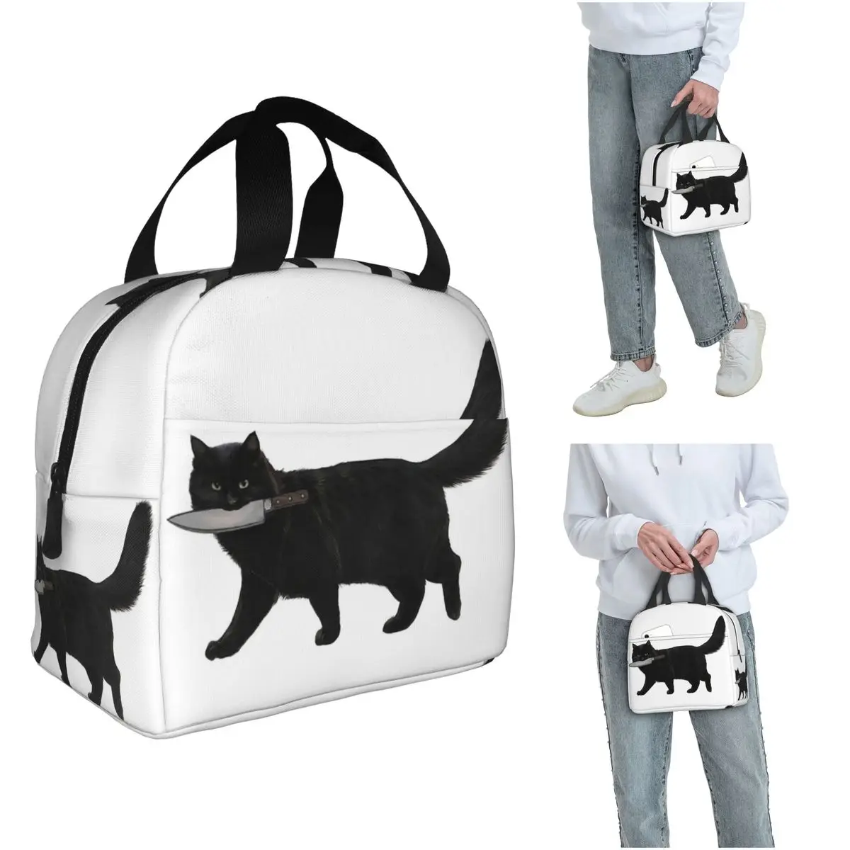 Isolierte Lunchtasche mit Cartoon-Motiv, schwarze Katze mit Messer, für Damen und Kinder, tragbare Lebensmittelboxen, Thermo-Lunchbox-Tragetasche