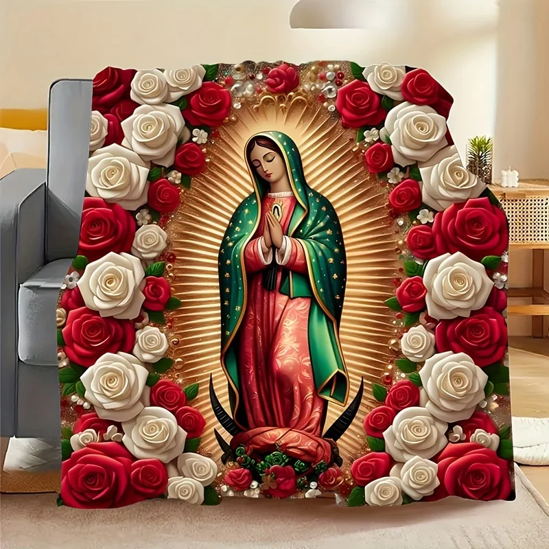 Virgin Mary with Roses Flannel Throw Blanket 2