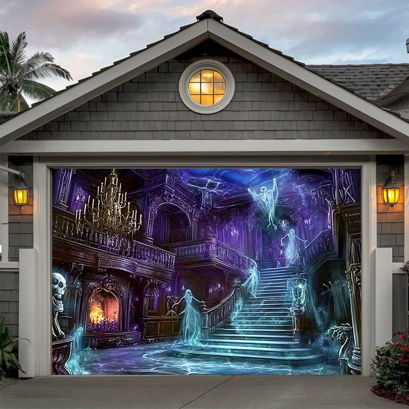 VIKAMA Halloween Gothic Wall Tapestry Purple Mist Ghost Castle Spiral Staircase Skull Retro Manor Wallpaper Party Decoration
