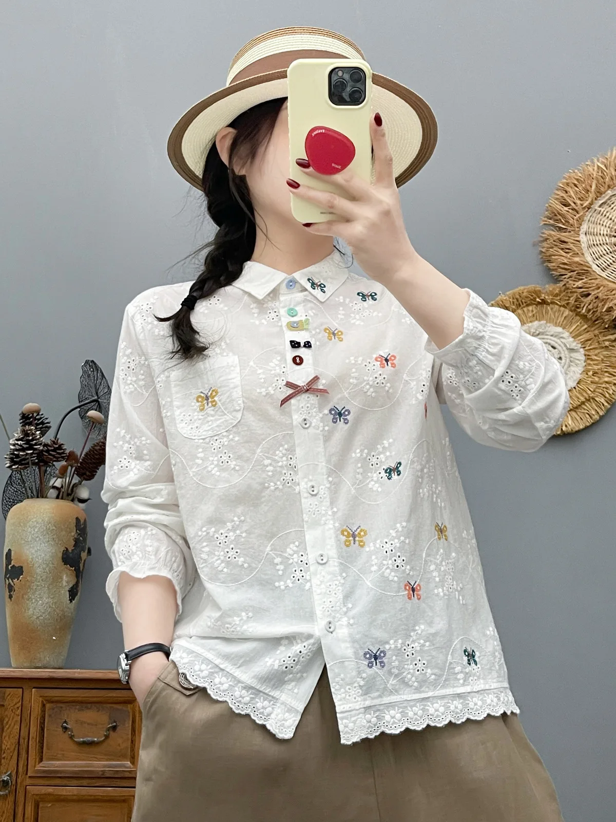 Women\'s Bohemian Blouse Ethnic Style Retro Embroidered Long Sleeve Shirts Cotton Vacation Shirt Top Boho Clothing