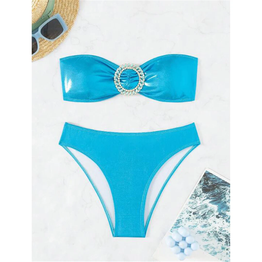 Diamant-Strass-Bandeau-Bikini mit mittelhoher Taille, Damen-Badeanzug, zweiteiliges Bikini-Set, Badebekleidung, Badeanzug, Modell V5402 – Detail 10