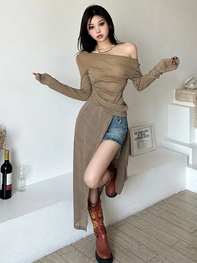 Sweet Y2k Aesthetic Slim Fit Waist Tunic Dress Harajuku Casual Irregular Vintage Dresses 2024 Women Harajuku Solid Split Vestdos