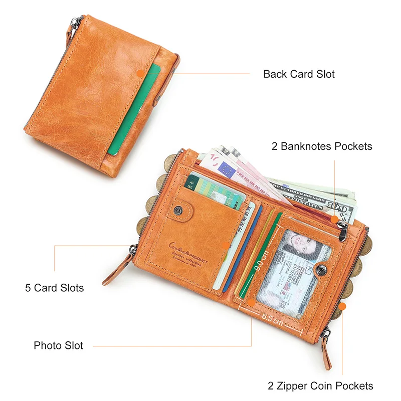 CONTACT'S Fashion Genuine Leather Wallet Women Photo Card Holder Bifold RFID Wallet Female Travel Family Daily Gift Coin Purse