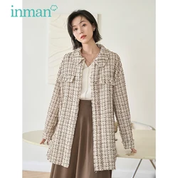 INMAN Women Mid-length Coat 2023 Spring Long Sleeve Polo Neck Loose Jacket Classic Plaid Print High Quality Fabric Elegant Tops