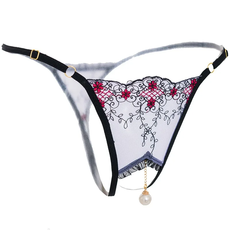 Pearl Pendant Open Thongs Women Underwear Crotchless Embroidery G String Tanga Briefs Lace Transparent Sexy Lingerie