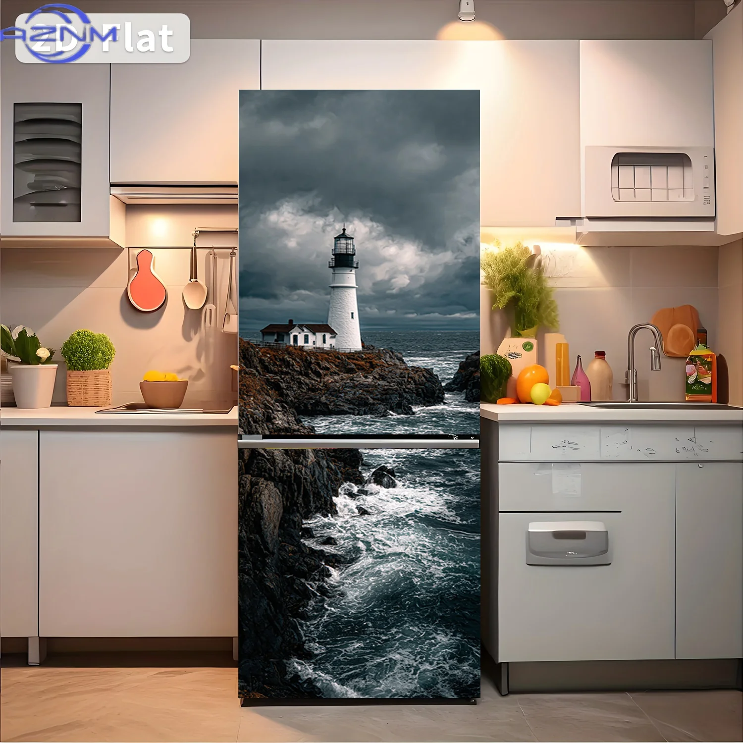 2D Flat Printing 1pc Refrigerator Sticker Coastal Lighthouse Theme Design Wall Decal Self-Adhesive Wallpaper Suitable for Cab
