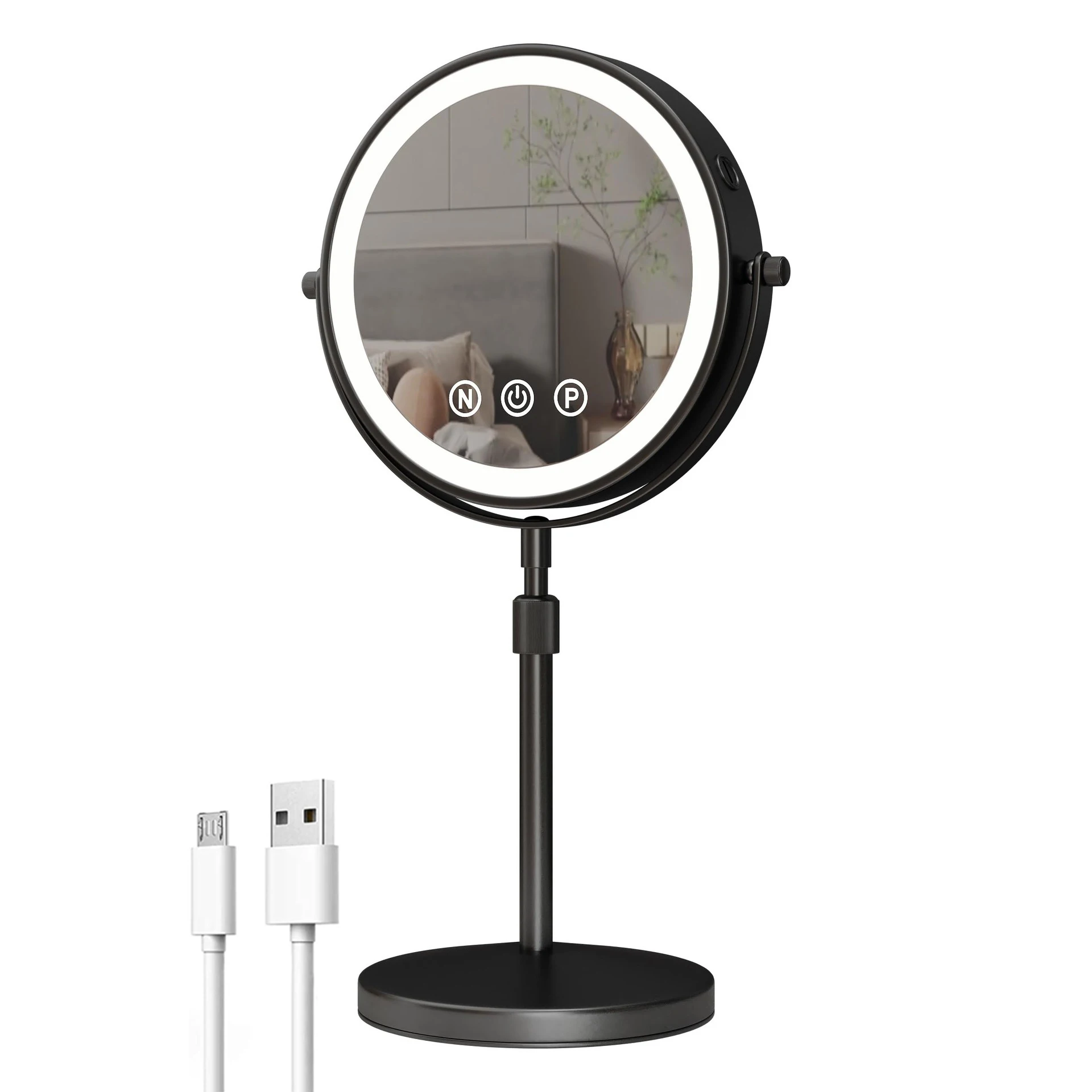 9 Inch 360 Degrees Bedroom Or Bathroom Table Lifting Makeup Mirror, 3x Magnifying Double Mirror With Led Light Cosmetic Mirror