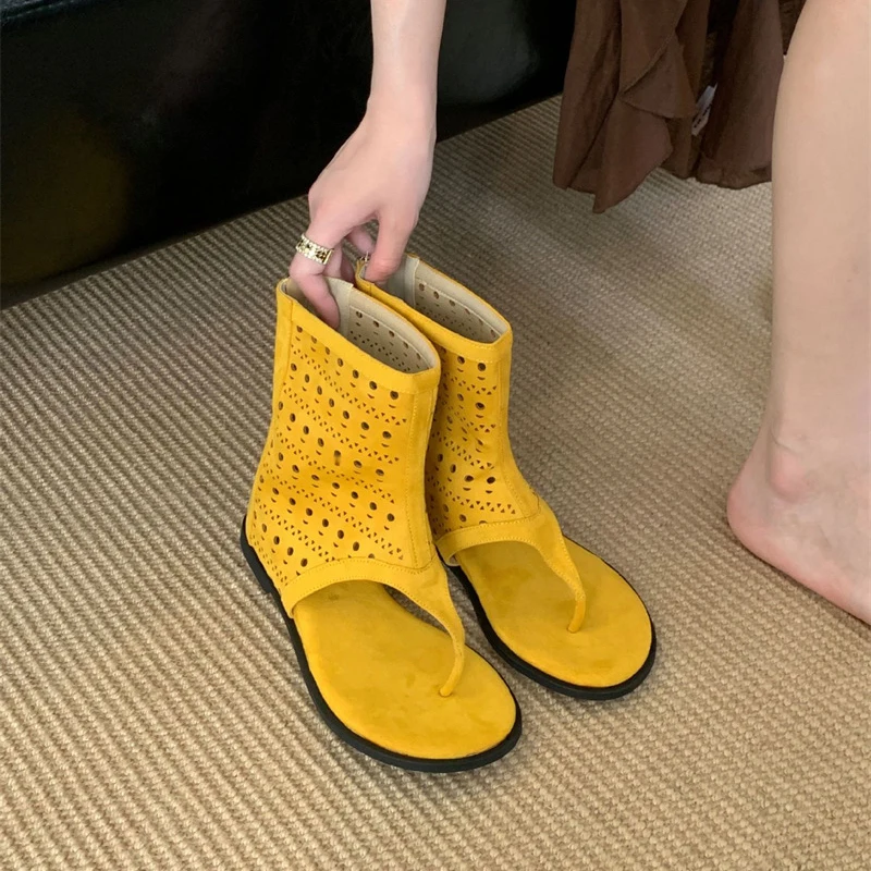 New Summer Clip-toe Sandals for Women's Hollow Breathable Sandals Inside Heightened Roman Shoes for Women's Short Trousers Boots